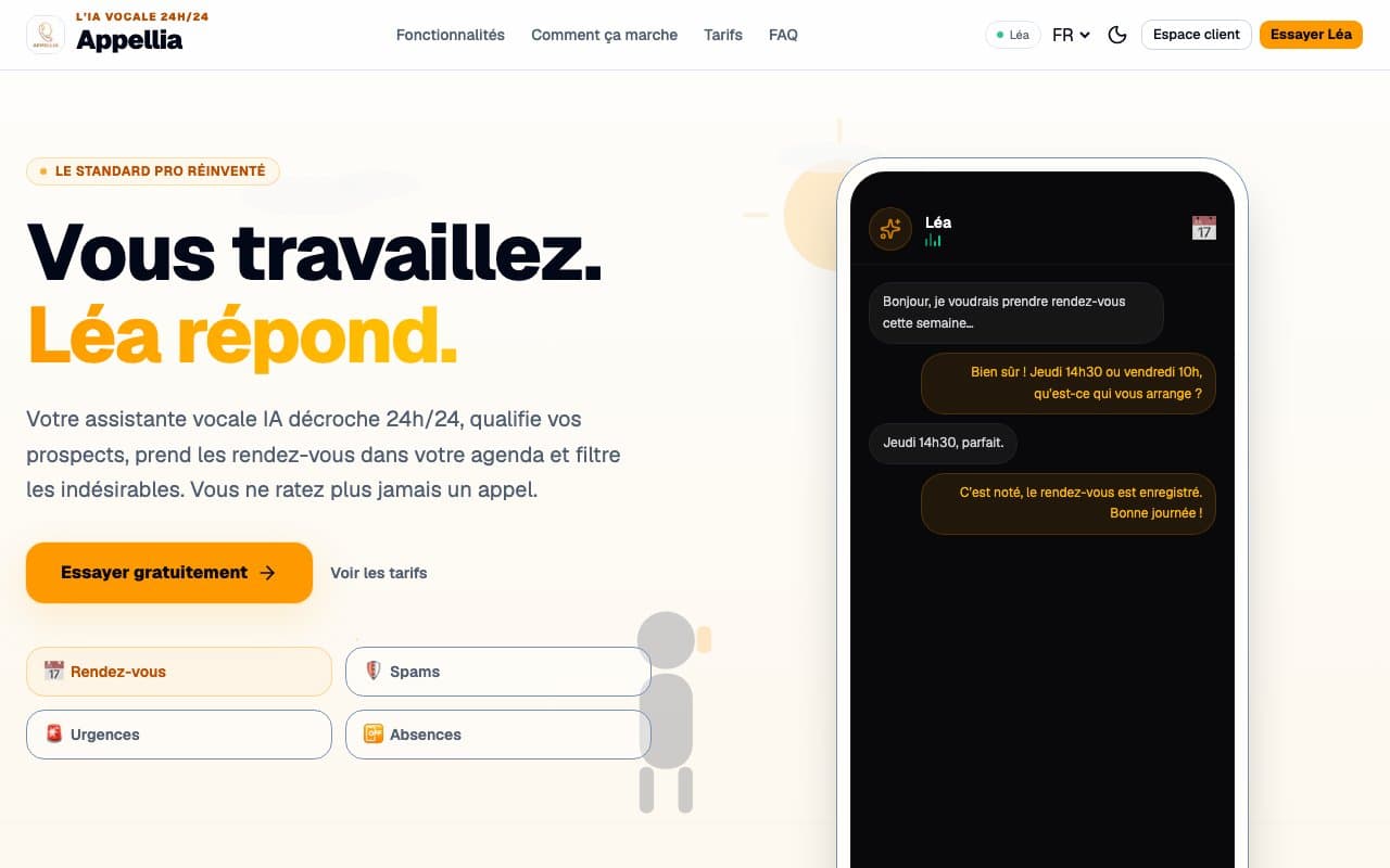 Page d’accueil du site appellia.fr, l’assistante vocale Léa pour les TPE et PME