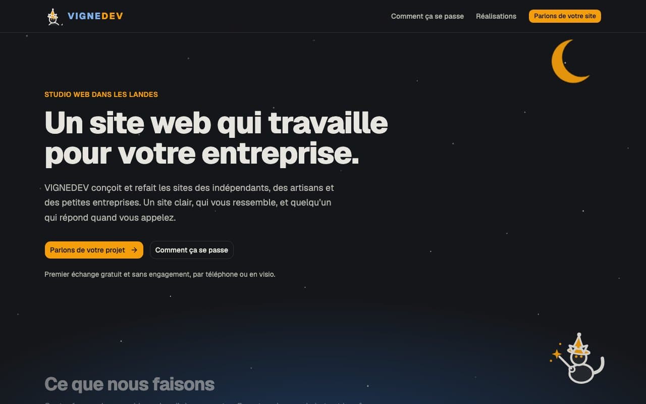 Page d’accueil du site vigne.dev, le Chat Magicien veille dans une nuit étoilée