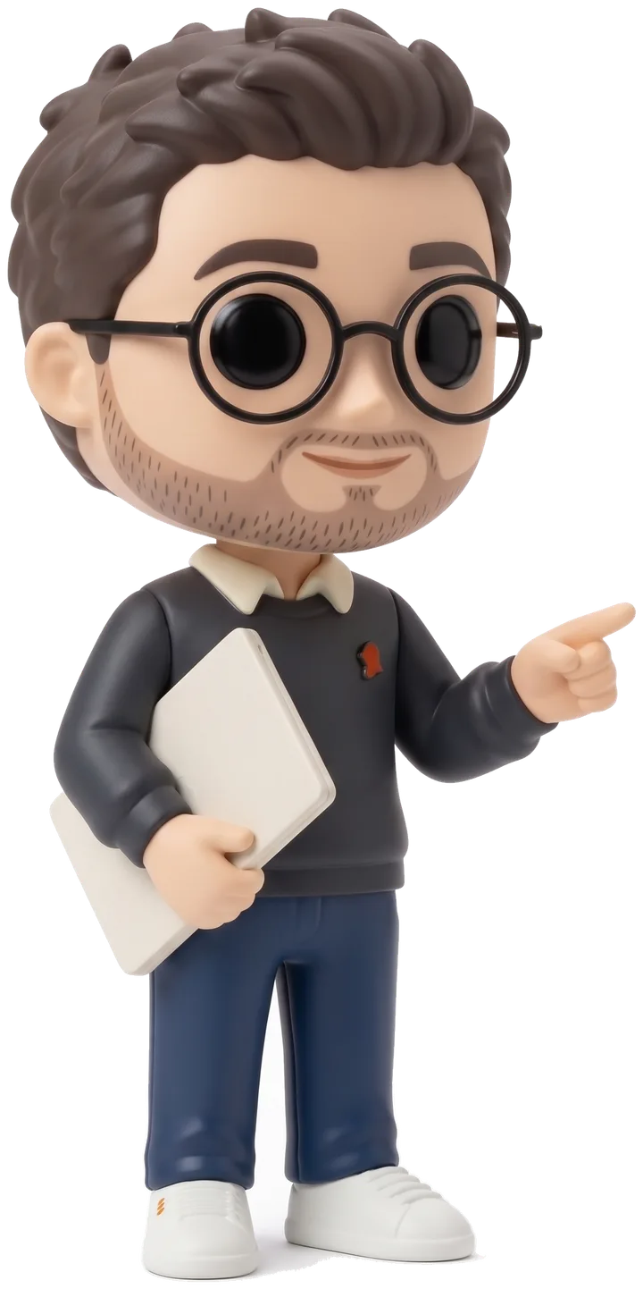 Figurine du conseiller virtuel de VIGNEDEV, qui montre le guide du doigt