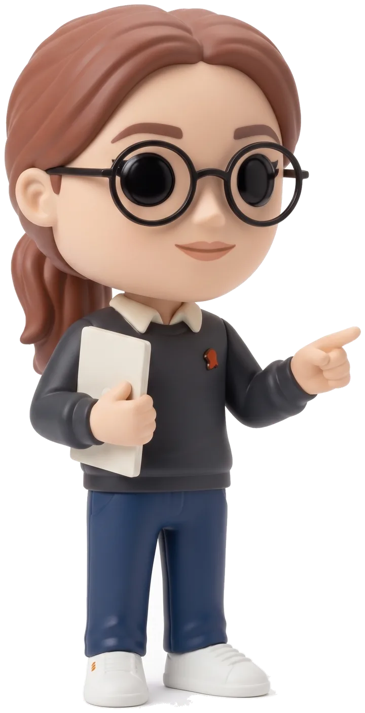 Figurine de la conseillère virtuelle de VIGNEDEV, qui montre le guide du doigt