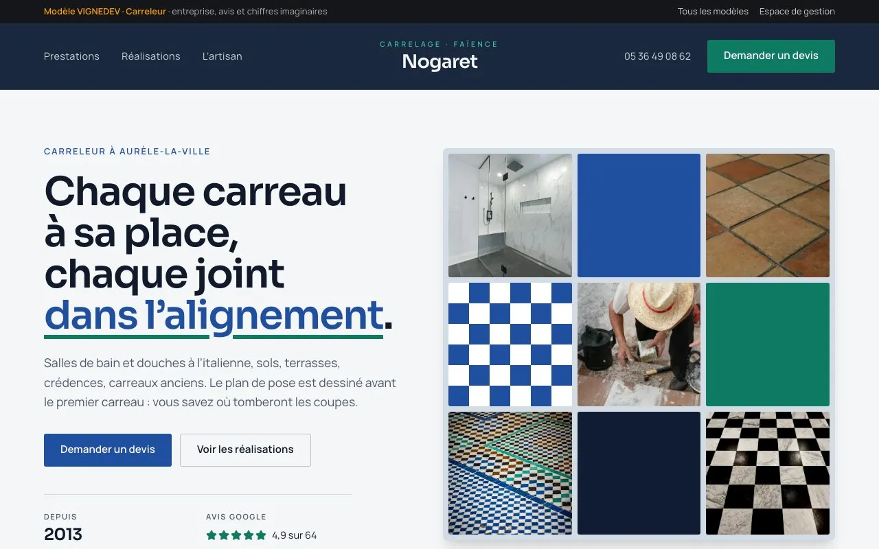Page d’accueil du modèle Carreleur : Nogaret, carrelage et faïence, entreprise imaginaire