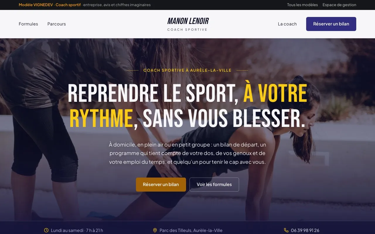 Page d’accueil du modèle Coach sportif : Manon Lenoir, coach sportive, entreprise imaginaire