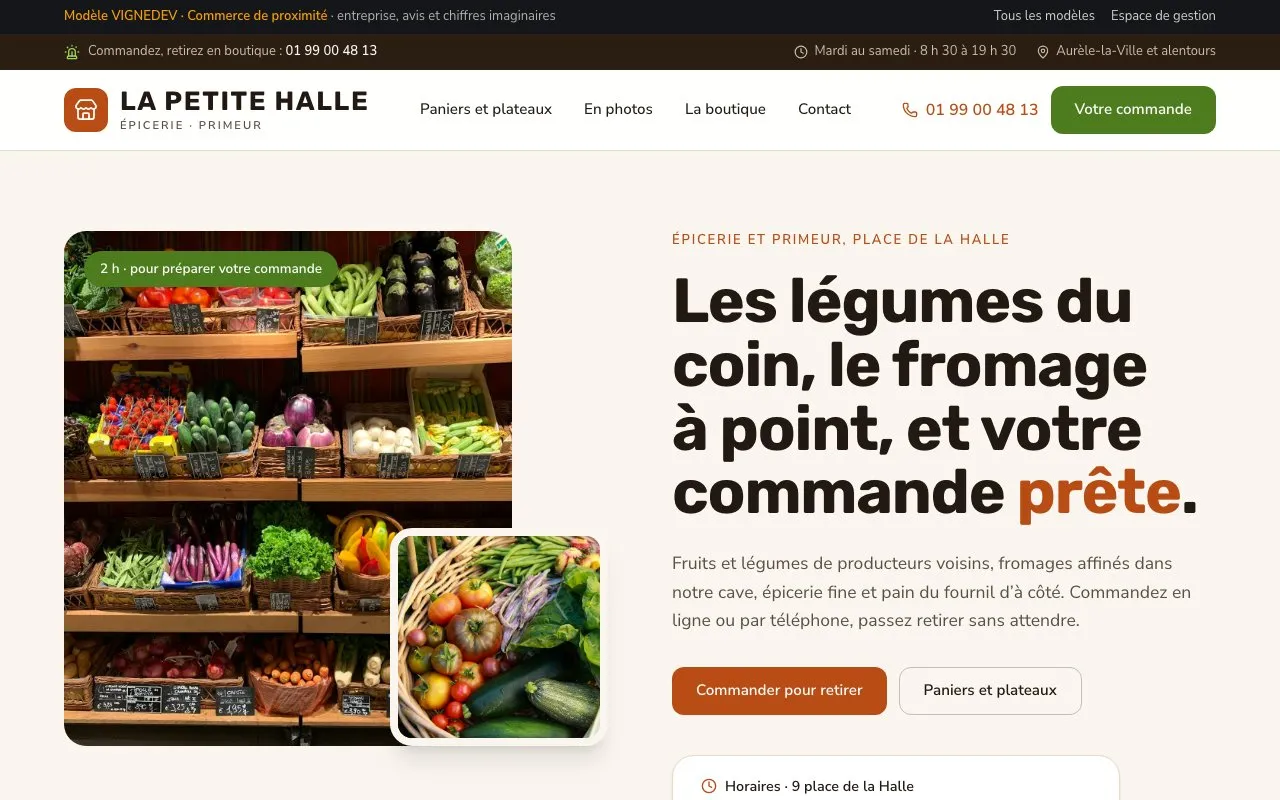 Page d’accueil du modèle Commerce de proximité : La Petite Halle, épicerie et primeur, entreprise imaginaire