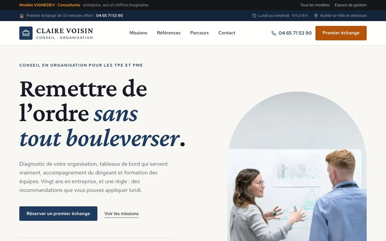 Page d’accueil du modèle Consultante en organisation : Claire Voisin, conseil en organisation, entreprise imaginaire