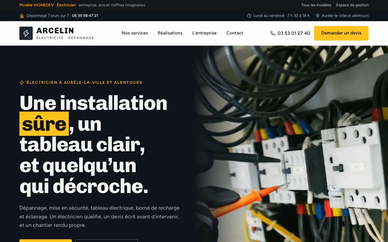 Page d’accueil du modèle Électricien : Arcelin, électricité et dépannage, entreprise imaginaire