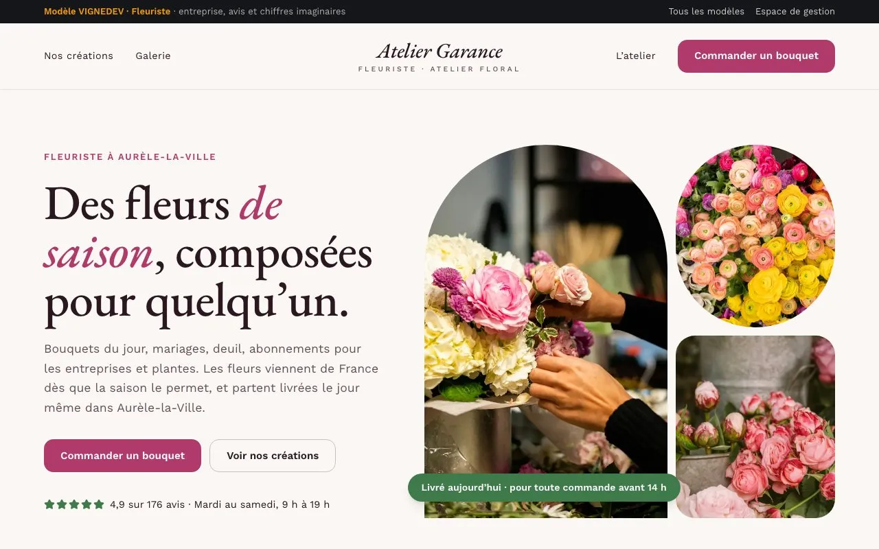 Page d’accueil du modèle Fleuriste : Atelier Garance, fleuriste, entreprise imaginaire