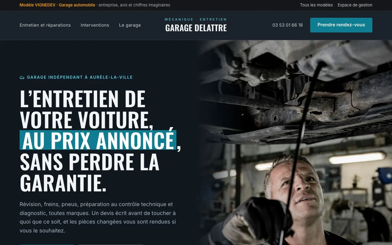 Page d’accueil du modèle Garage automobile : Garage Delattre, mécanique et entretien, entreprise imaginaire