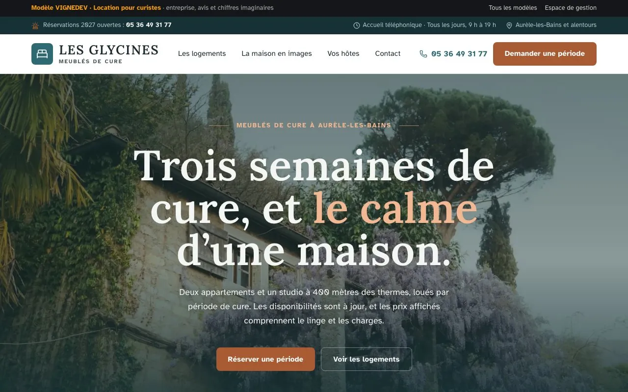 Page d’accueil du modèle Location pour curistes : Les Glycines, meublés de cure, entreprise imaginaire