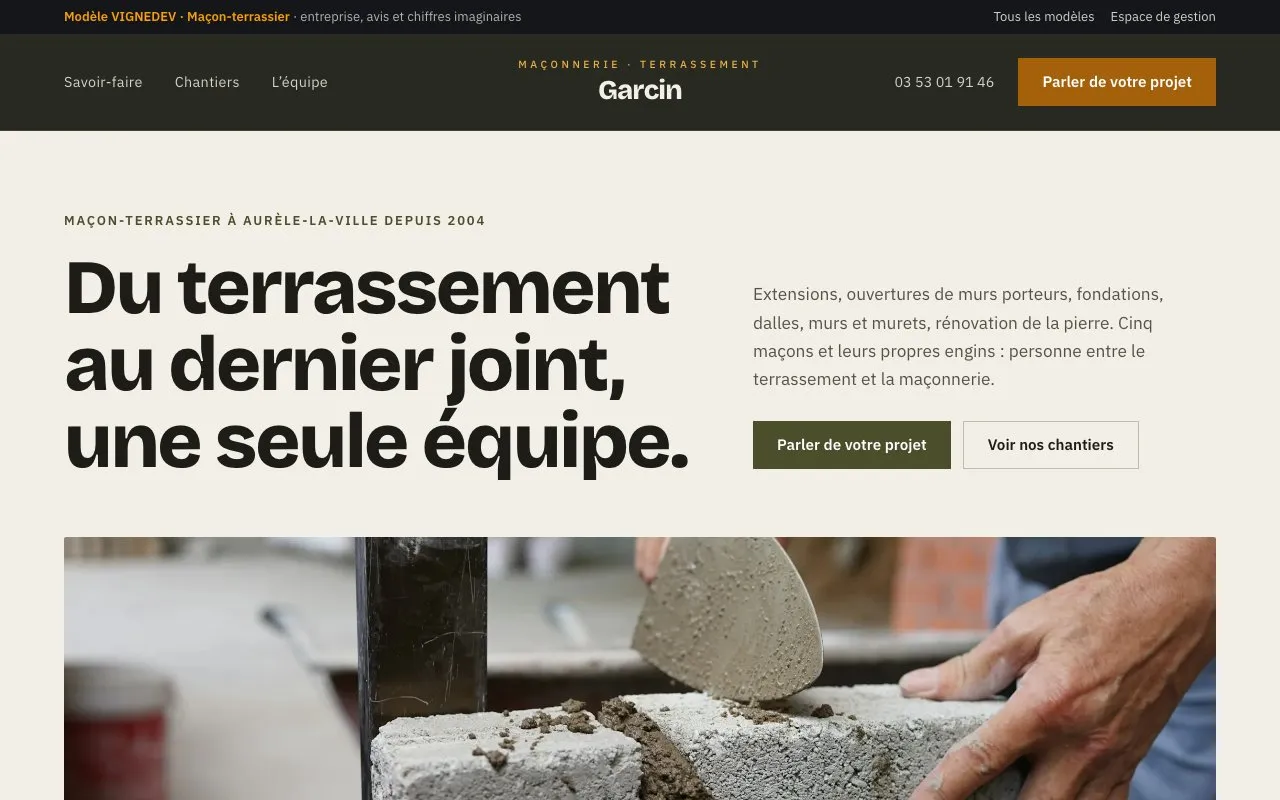 Page d’accueil du modèle Maçon-terrassier : Garcin, maçonnerie et terrassement, entreprise imaginaire