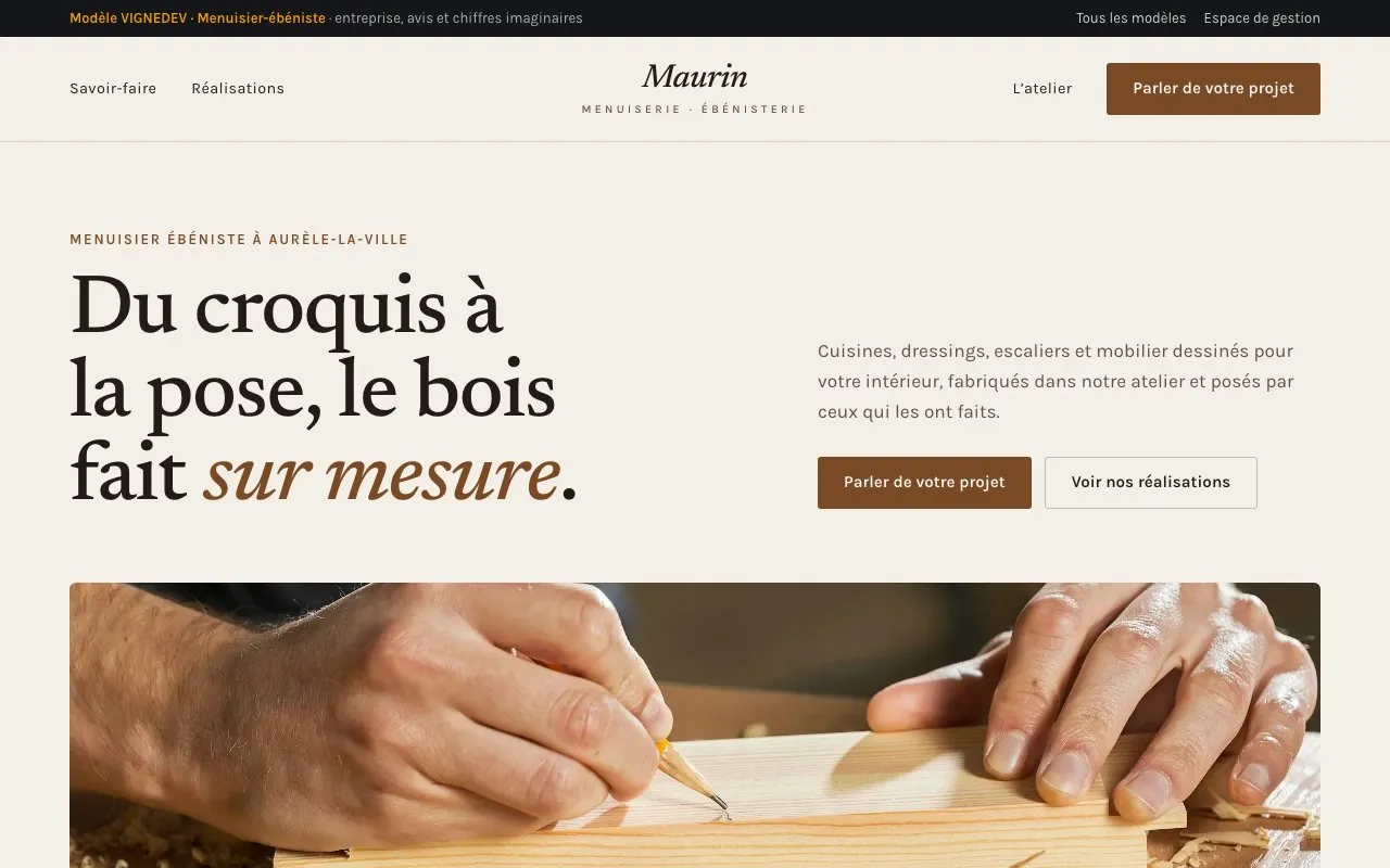 Page d’accueil du modèle Menuisier-ébéniste : Maurin, menuiserie et ébénisterie, entreprise imaginaire