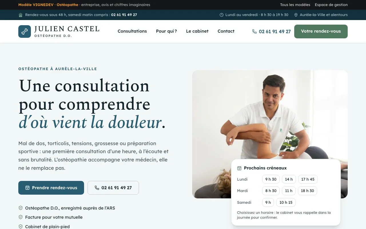 Page d’accueil du modèle Ostéopathe : Julien Castel, ostéopathe D.O., entreprise imaginaire