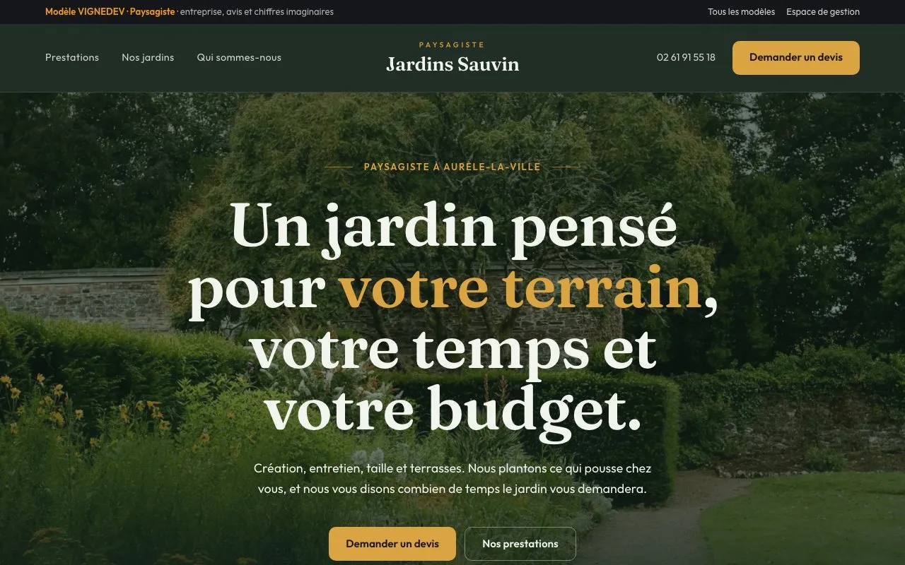Page d’accueil du modèle Paysagiste : Jardins Sauvin, entreprise imaginaire