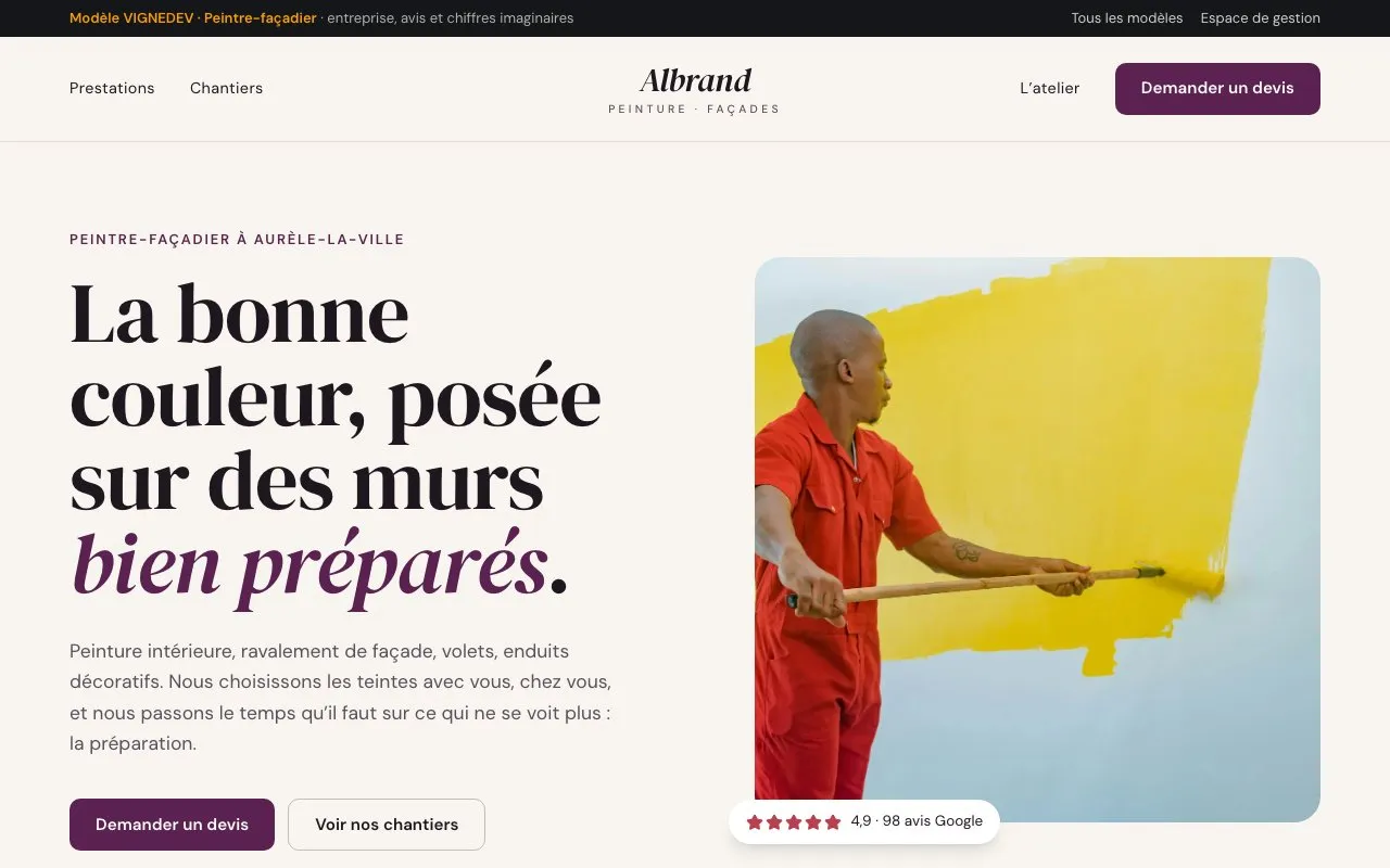 Page d’accueil du modèle Peintre-façadier : Albrand, peinture et façades, entreprise imaginaire