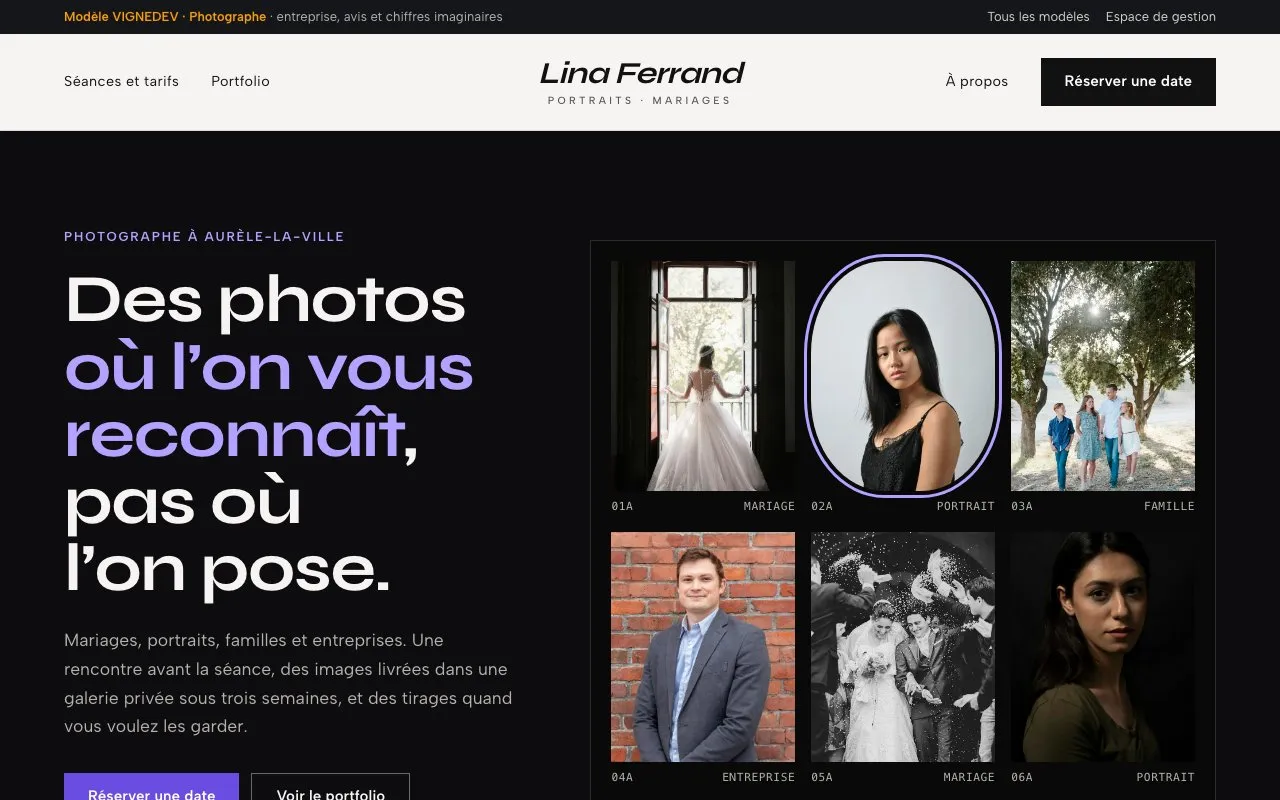 Page d’accueil du modèle Photographe : Lina Ferrand, photographe, entreprise imaginaire