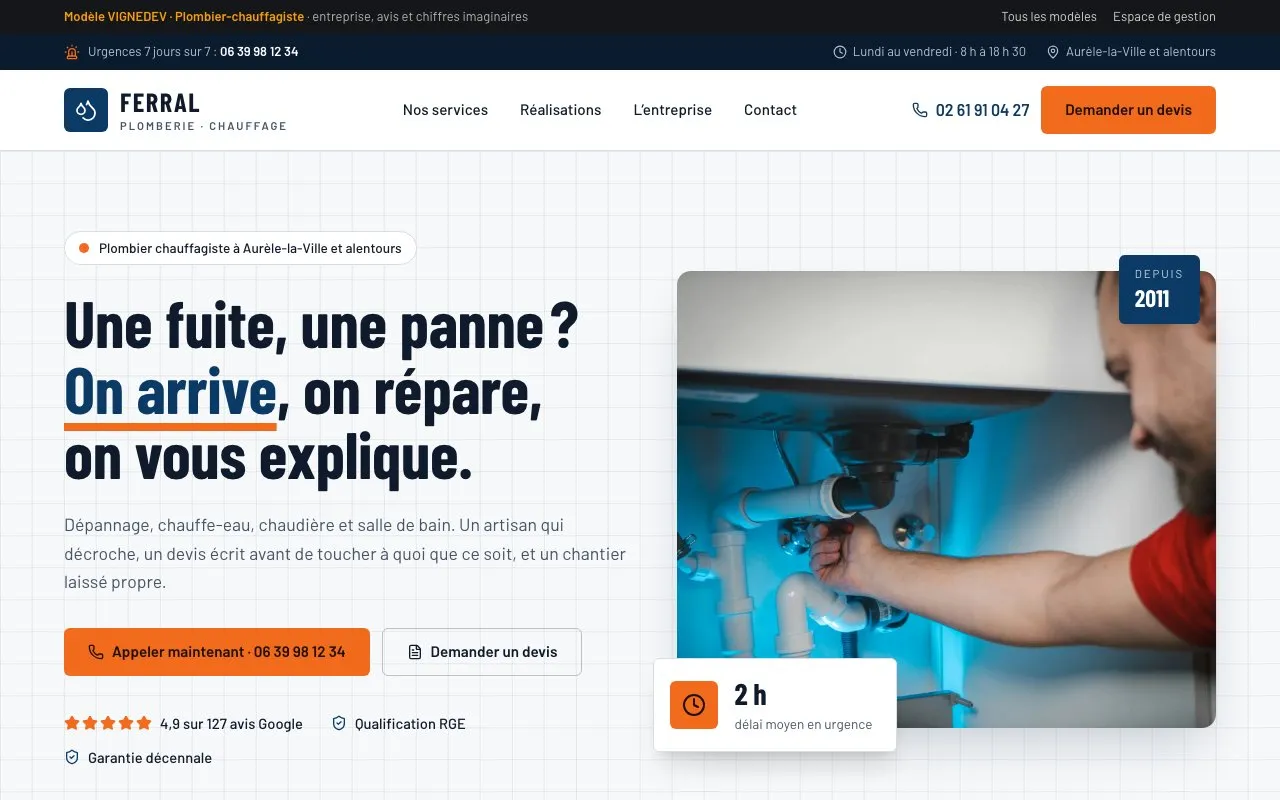 Page d’accueil du modèle Plombier-chauffagiste : Ferral, plomberie et chauffage, entreprise imaginaire