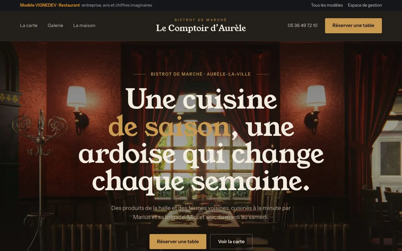 Page d’accueil du modèle Restaurant : Le Comptoir d’Aurèle, bistrot de marché, entreprise imaginaire