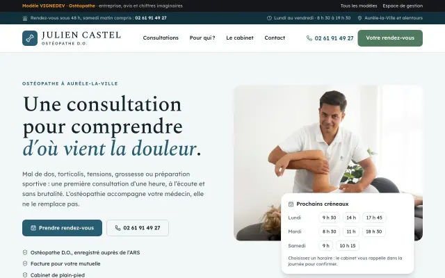 Page d’accueil du modèle Ostéopathe : Julien Castel, ostéopathe D.O., entreprise imaginaire