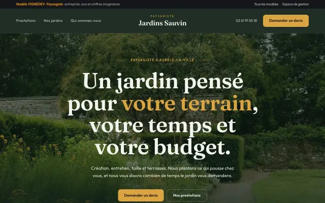 Page d’accueil du modèle Paysagiste : Jardins Sauvin, entreprise imaginaire