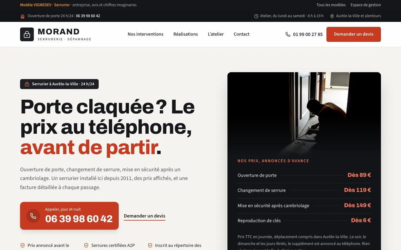 Page d’accueil du modèle Serrurier : Morand, serrurerie et dépannage, entreprise imaginaire