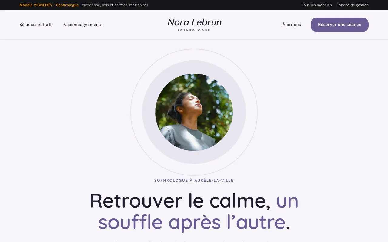 Page d’accueil du modèle Sophrologue : Nora Lebrun, sophrologue, entreprise imaginaire