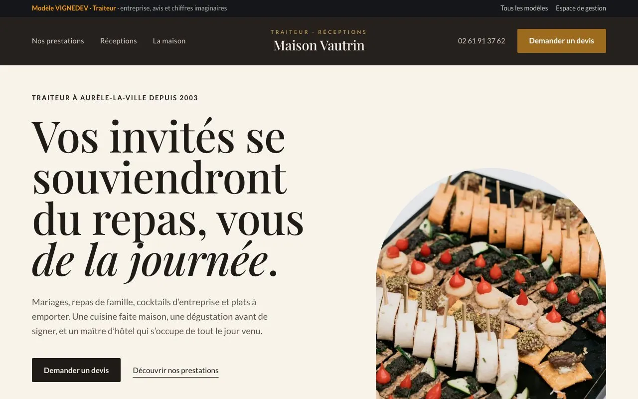 Page d’accueil du modèle Traiteur : Maison Vautrin, traiteur et réceptions, entreprise imaginaire