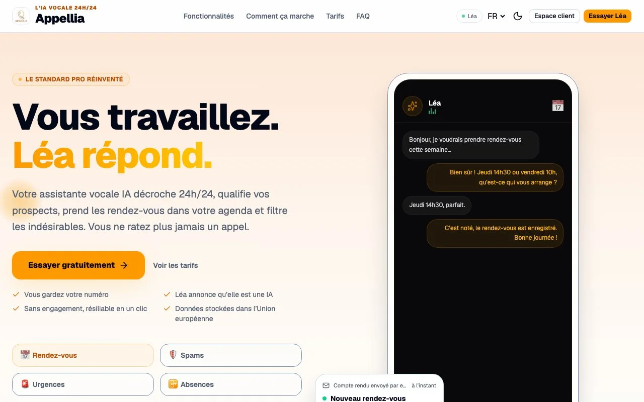 Page d’accueil du site appellia.fr, l’assistante vocale Léa pour les TPE et PME